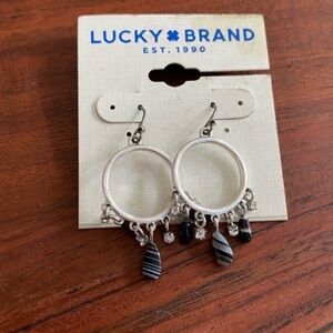 NWT Lucky Brand Boho Silver Toned Crystal & Stone Dangle Hoop Earrings